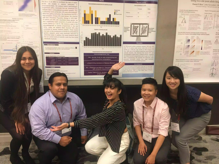 Ezequiel Lopez Barragan, Rochelle-Jan Reyes, Samantha Kristin Dung, Andrea López, and Ricky Thu present their work at 2018's Population, Evolutionary and Quantitative Genetics Conference. Photo credit: Mayra Banuelos.